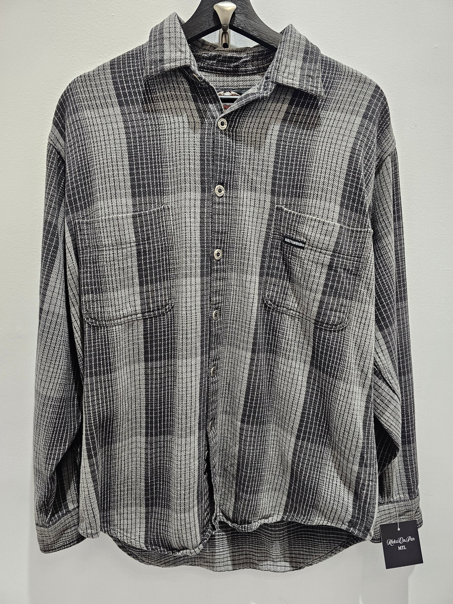 Harley Davidso buttons down grey plaid pocket longsleeve