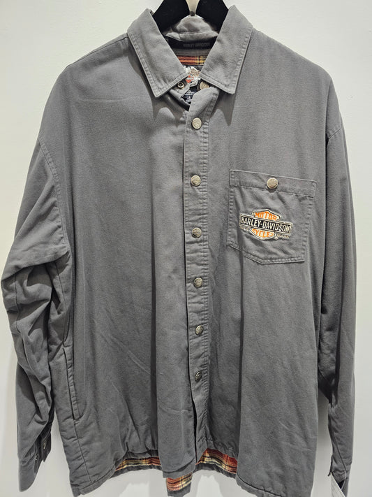 Harley davidson flannel line grey buttons down pocket longsleeve