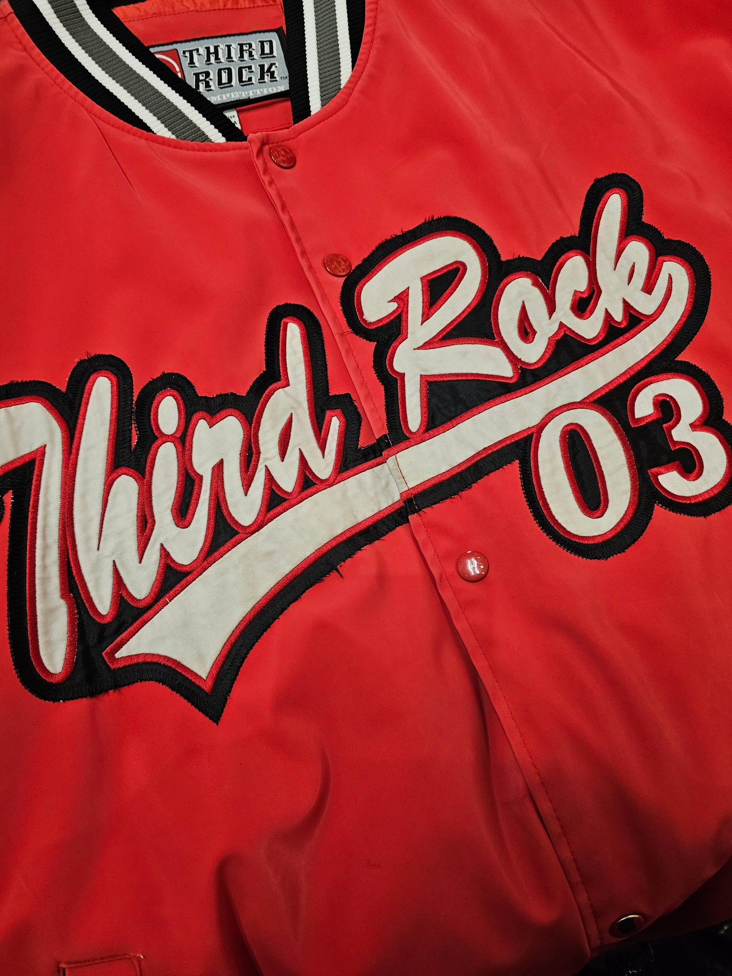 Third Rock 03 Y2k buttons satin red heavy bomber jacket