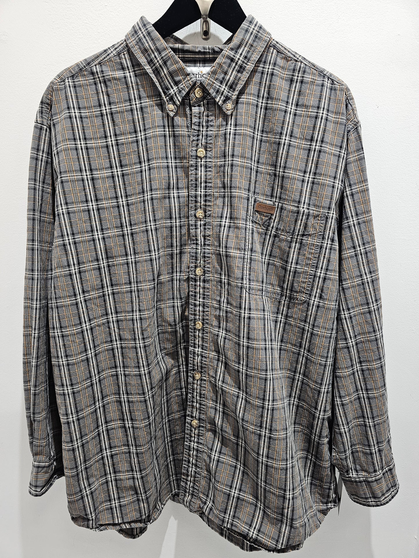 Carhatt gray plaid buttons down pocket long sleeve