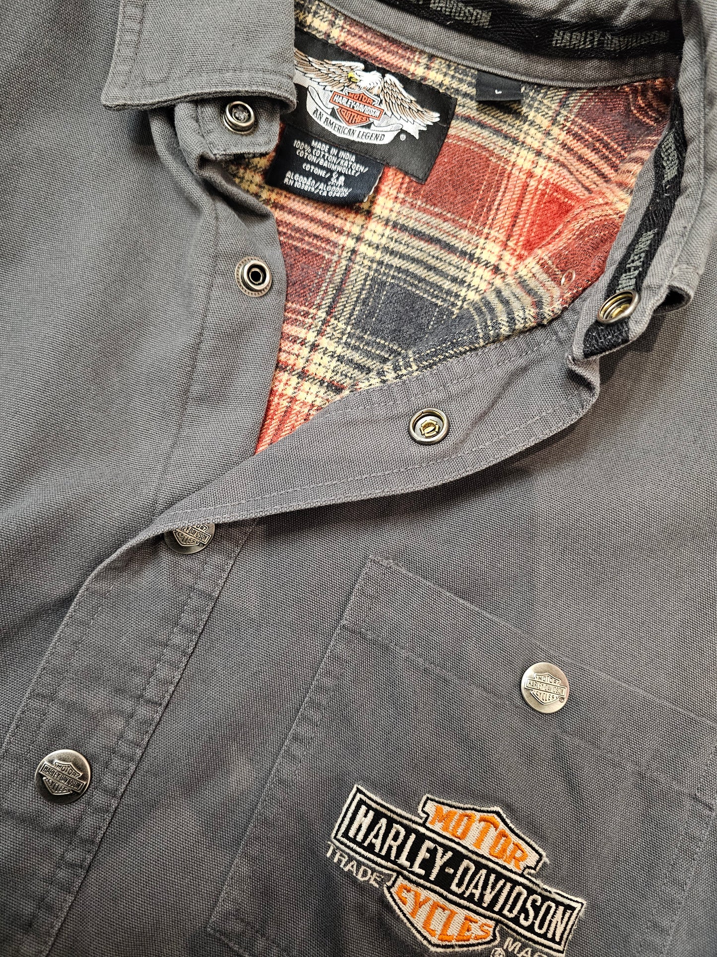 Harley davidson flannel line grey buttons down pocket longsleeve