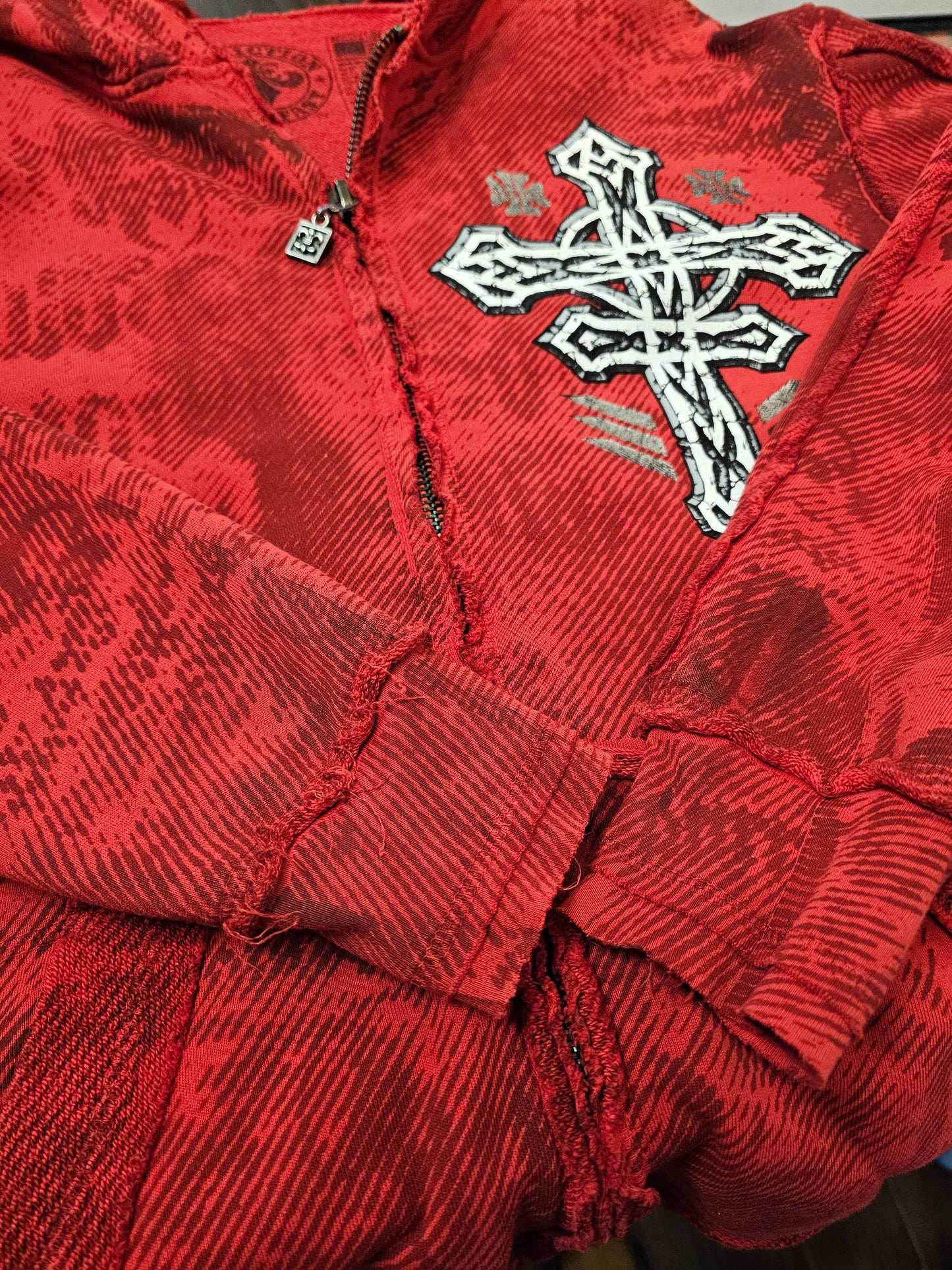 Affliction distressed styled red pullover hoodie