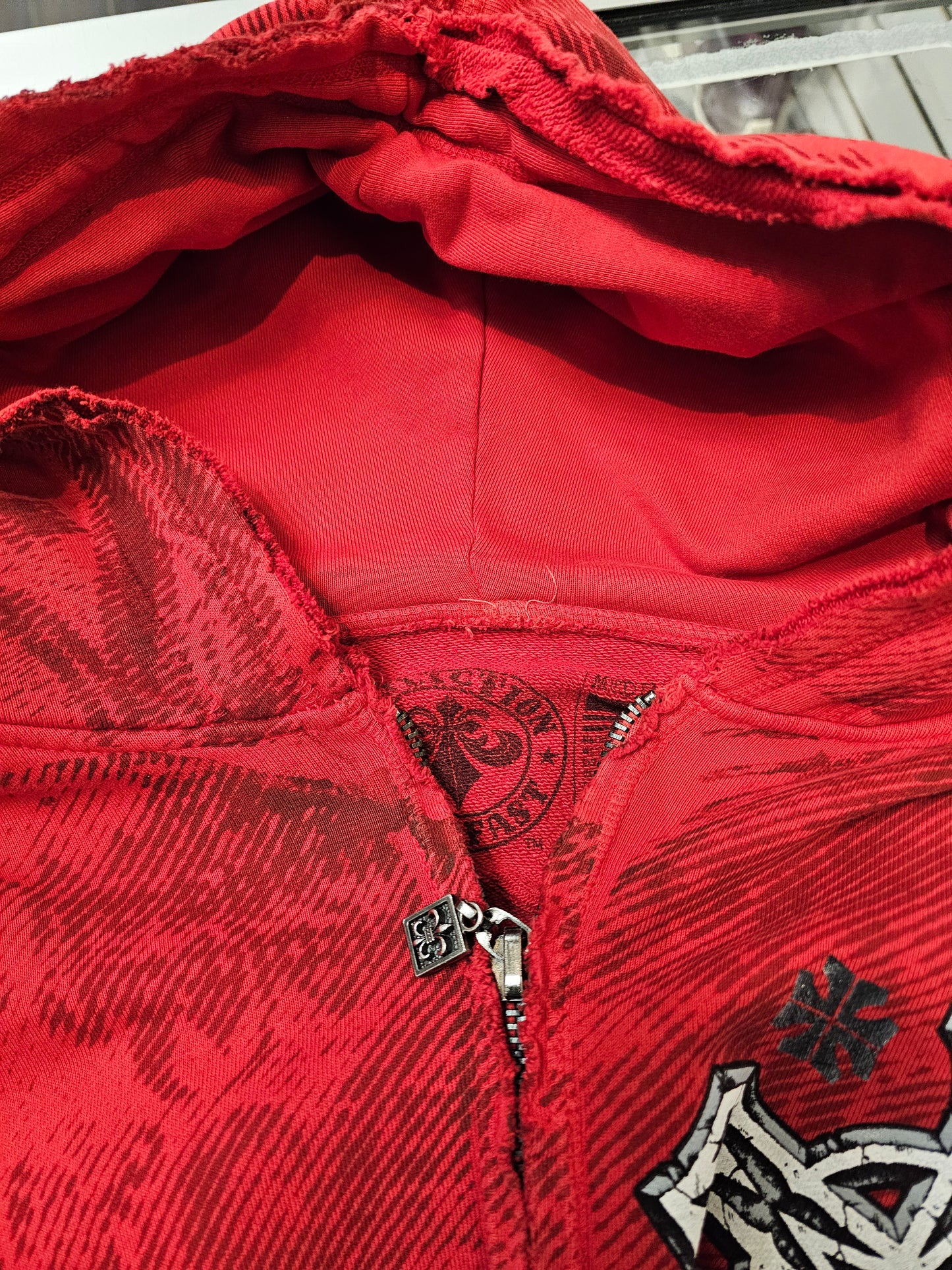 Affliction distressed styled red pullover hoodie