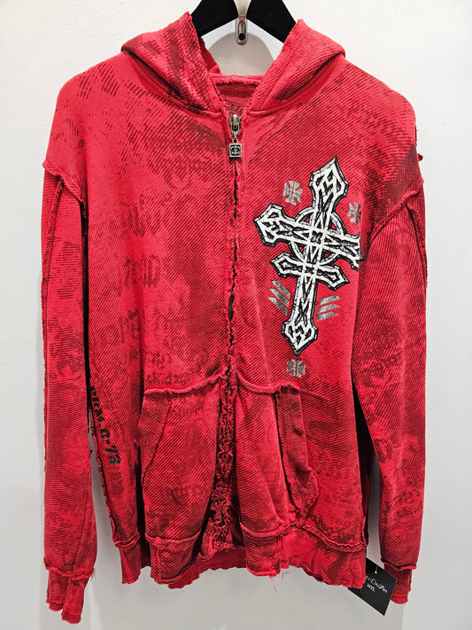 Affliction distressed styled red pullover hoodie