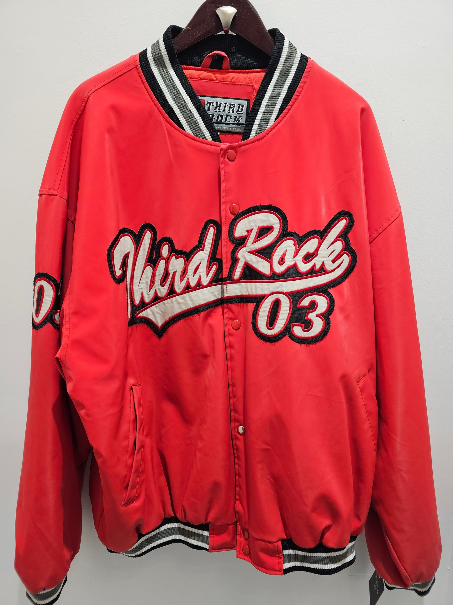 Third Rock 03 Y2k buttons satin red heavy bomber jacket