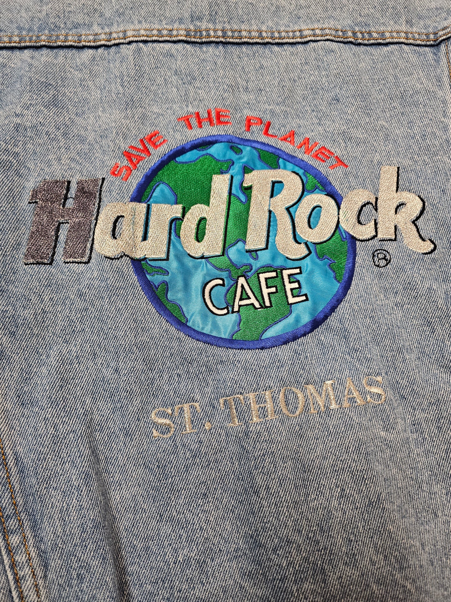 Vintage Hard rock cafe save the planet st.thomas washed denim jacket